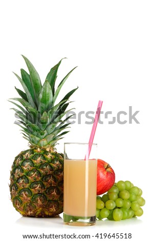 glass Cup of juice and grapes with pineapple and apple on white isolated background 