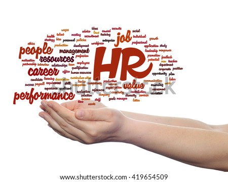 Concept conceptual hr or human resources management abstract word cloud in hand isolated on background, metaphor to workplace, development, career, success, hiring, competence, goal, corporate or job