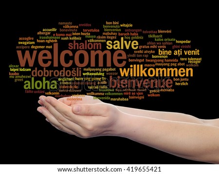 Concept or conceptual abstract welcome or greeting international word cloud in hand, different languages or multilingual, metaphor to world, foreign, worldwide, travel, translate, vacation or tourism