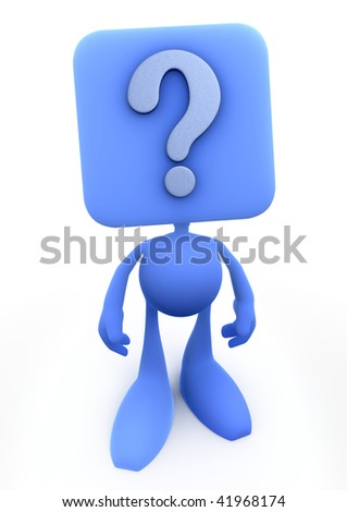 Sign-man (Question-man). Cartoon man with the box-shaped head and question mark on it; isolated on white background. 3D rendered image