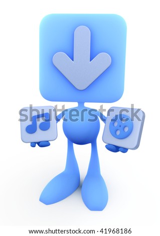 Sign-Man. Cartoon man with the box-shaped head and arrow sign (representing a "download" symbol) on it; holding two sign-boxes with the music and the movie reel symbols; isolated on white background