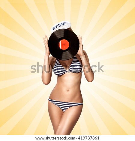 Beautiful pinup bikini model, hiding behind an LP microgroove vinyl record on colorful abstract cartoon style background.