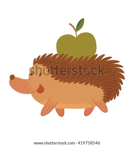 Vector cartoon image of a cute brown hedgehog with spines, walking somewhere with a green apple on his back on a white background. Funny forest hedgehog. Vector illustration.