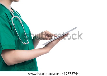Cropped asian nurse shows a tablet pc, isolated on white background