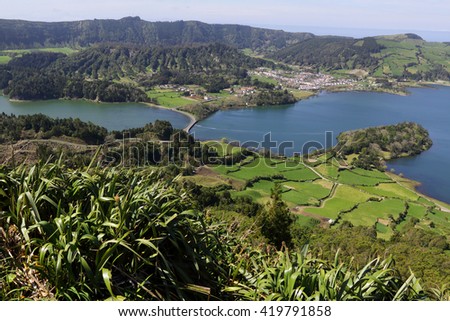 Sete Cidades with Lagoa Azul and Lagoa Verde, Sao Miguel, Azores