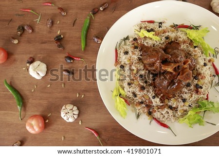 Lamb Biryani, Mutton Biryani, Wagyu Biryani served on ramadhan buffet Royalty-Free Stock Photo #419801071