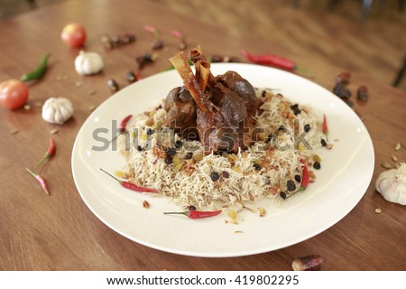 Lamb Biryani, Mutton Biryani, Wagyu Biryani served on ramadhan buffet Royalty-Free Stock Photo #419802295