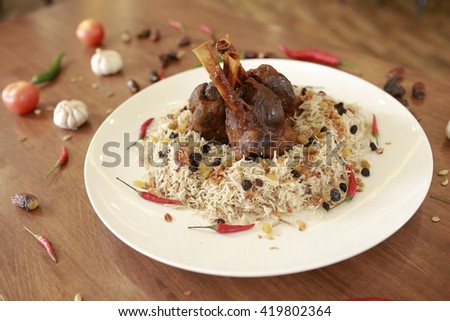 Lamb Biryani, Mutton Biryani, Wagyu Biryani served on ramadhan buffet Royalty-Free Stock Photo #419802364