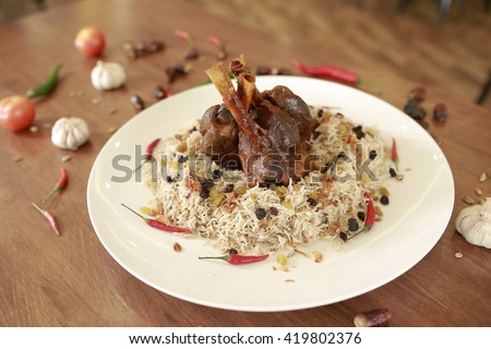 Lamb Biryani, Mutton Biryani, Wagyu Biryani served on ramadhan buffet Royalty-Free Stock Photo #419802376