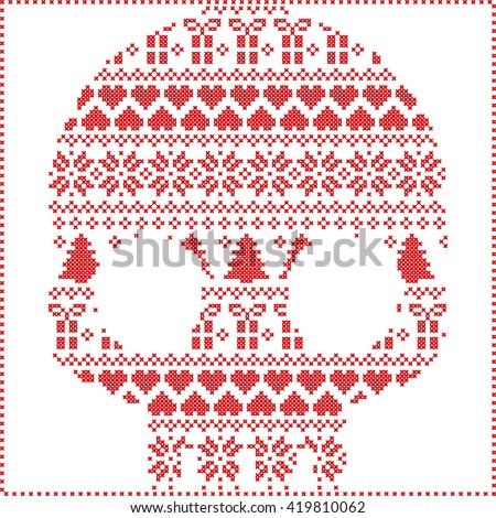 Scandinavian Norwegian style  winter stitching  knitting  christmas pattern in  in sugar skull  shape including snowflakes, hearts xmas trees christmas presents, snow, stars, decorative ornaments  Royalty-Free Stock Photo #419810062