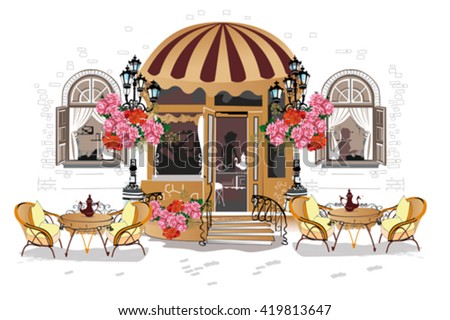 Background decorated with flowers, old town views and street cafe. Hand drawn Vector Illustration.