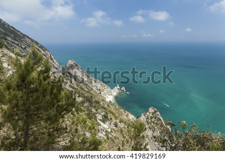 Aerial view of the Two Sister (Due Sorelle)  bay , Conero Mountain in the adriatic sea, Italy. Blue sky background with clouds
