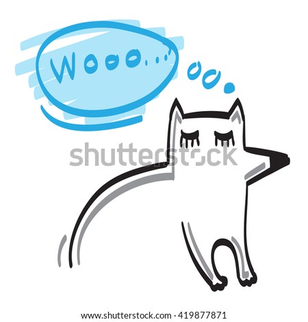 Hand drawn wolf with eyes closed sleeping and bubble with text, icon illustration

