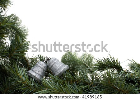 A green garland border with silver bells isolated on a white background, garland border