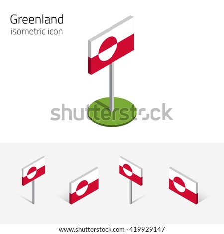 Greenland flag (Kingdom of Denmark), vector set of isometric flat icons, 3D style, different views. 100% editable design elements for banner, website, presentation, infographic, poster, map. Eps 10