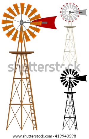Vector illustration of a windmill in two color variations and silhouette. Royalty-Free Stock Photo #419940598