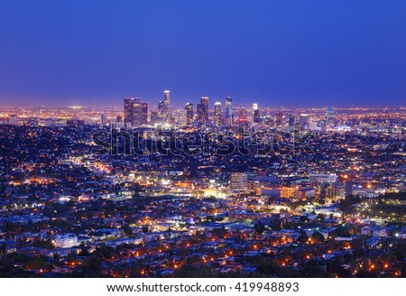 View of the downtown Los Angeles skyline at night, from Griffith Observatory, in Griffith Park, Los Angeles, California
