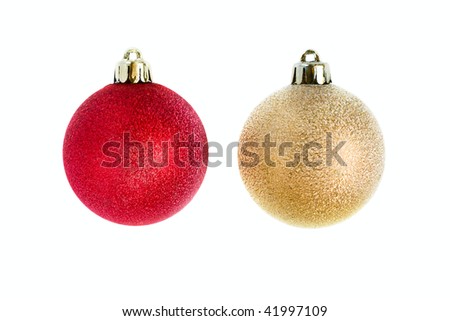 Red and golden Christmas baubles isolated on white background
