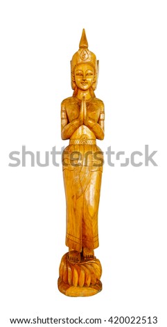 woman statue wooden craft Thailand style making sawasdee, sawassdee is hello sign in Thailand.