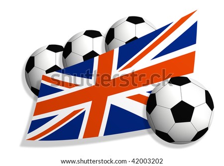 United Kingdom flag between four soccer balls isolated on white
