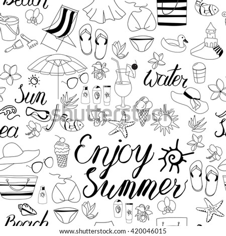 Seamless pattern with calligraphy phrase Enjoy Summer and sea objects. Black and white, monochrome. Endless texture with summer symbols for your design