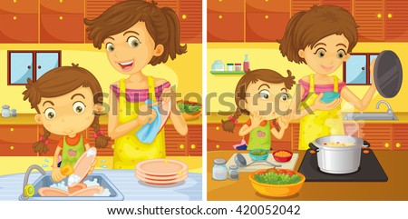 Girl helping mom in the kitchen illustration
