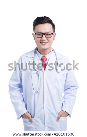 Portrait of confident asian young medical doctor on white background