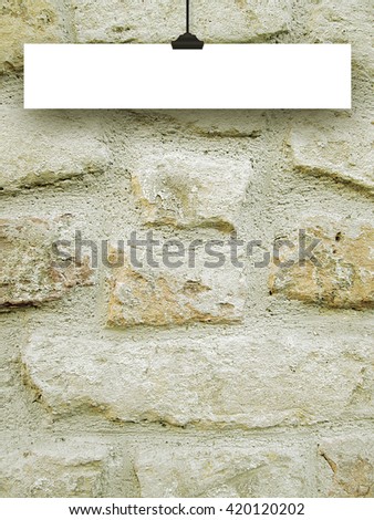 Close-up of one blank rectangular frame hanged by clip against weathered brick wall background