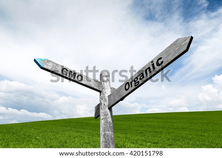 GMO or organic, wooden sign. Selecting the direction of agriculture.