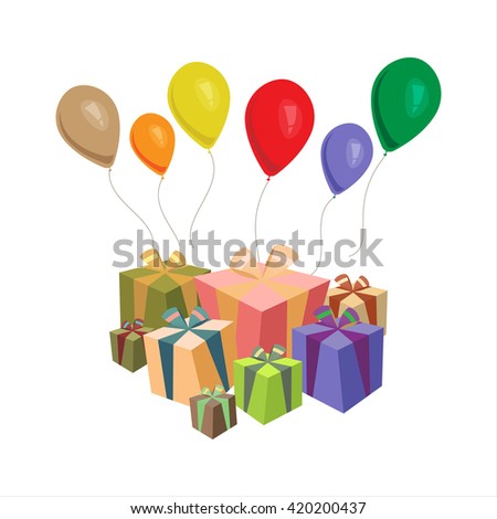 Vector balloons and gift boxes with ribbons, holiday/celebration.
