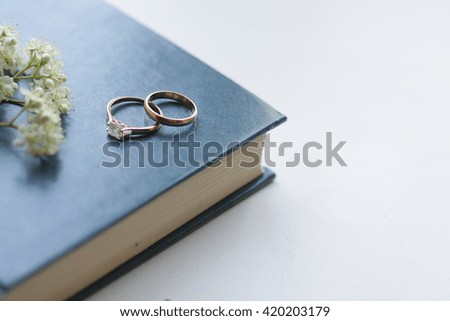 a pair of wedding rings on a book