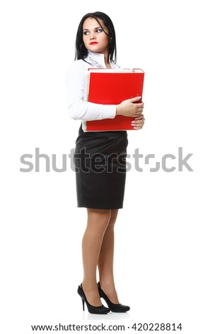 woman with red folder for documents on white background