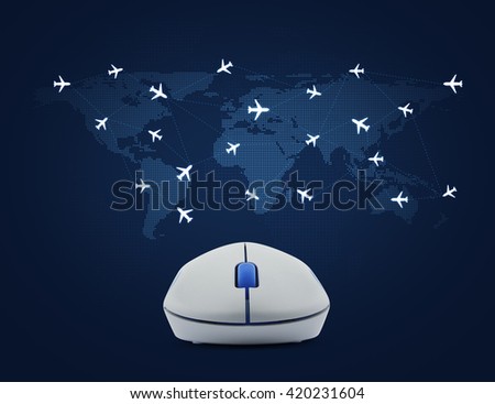 Wireless computer mouse with flight routes airplanes on world map background, Airplane transportation concept, Elements of this image furnished by NASA