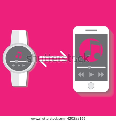 smart watch in flat design and music application with transfer and connect icon to smart phone. Eps10 vector illustration.
