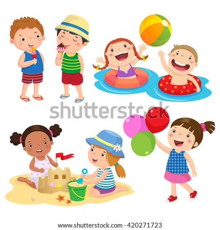 Set of children play on the beach