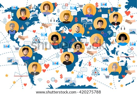 World map with people icons. Global communication and technologies vector.