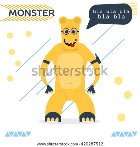 Cute yellow monster. A smiling monster with glasses. cartoon cute character Monsters. Funny Colored Characters. background with lines. Monster says. 