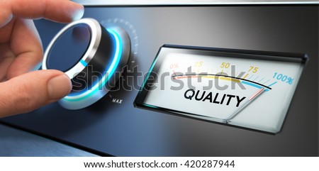 Image compositing between photography and 3D background. Hand turning a knob with a dial on the right side, blur effect. Concept of TQM, Total Quality Management or improvement.