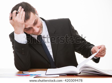 Businessman working with information, white background