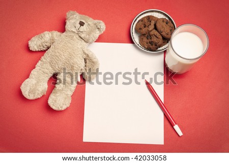 Blank letter with bear, cookies and milk for Santa