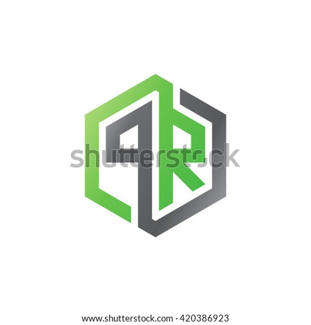 PR initial letters looping linked hexagon logo black gray green