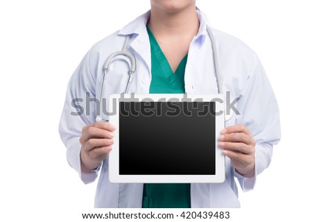 Doctor holding blank screen tablet computer isolated on white