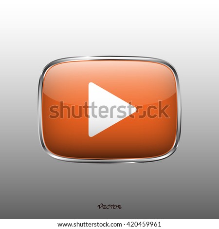 The play button, rounded square shape, isolated on white background. Media player icon. Orange white color button on silver border.