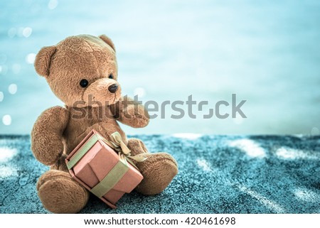 bear doll and red gift box on riverside with cold tone, select focus eye