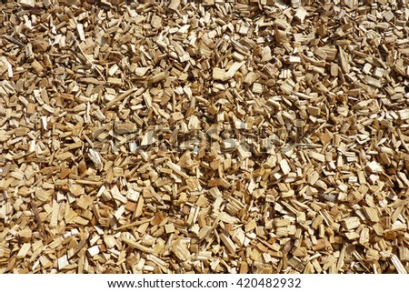 Closeup of wood chippings on garden pathway
