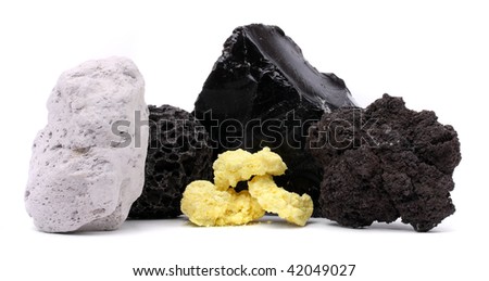 Set of different volcanic minerals: pumice, obsidian, sulfur, lava. Isolated on white background.