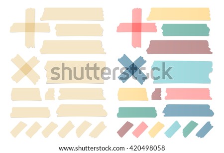 Set of colorful different size sticky, adhesive tape, banners pieces are stuck on white wall Royalty-Free Stock Photo #420498058
