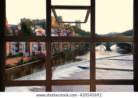 Open window to Durham town, River Wear, and Prebends bridge in Durham, England.