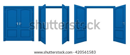 Open blue double door isolated on a white background.
3D illustration.
 Royalty-Free Stock Photo #420561583