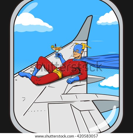 Superhero flying on airplane wing. View from an plane window.  Cartoon pop art vector illustration. Human comic book vintage retro style. 